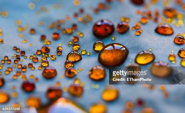 drops of melted hot sugar becoming caramel on a baking sheet - caramel liquide photos et images de collection