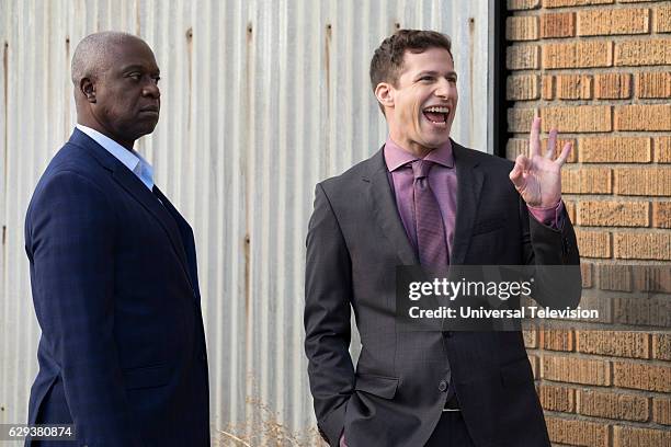The Fugitive Part 2" Episode 412 -- Pictured: Andre Braugher as Captain Ray Holt, Andy Samberg as Jake Peralta --