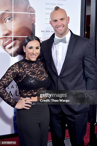 Danielle Conti and NY Giants Mark Herzlich attends the "Collateral Beauty" World Premiere at Frederick P. Rose Hall, Jazz at Lincoln Center on...