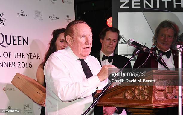 Andrew Neil accepts the Lifetime Achievement award at the Snow Queen Cigar Smoker of the Year awards at Boisdale of Canary Wharf on December 12, 2016...