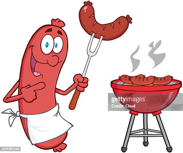 sausage with sausage on fork and barbecue - bratwurst stock-grafiken, -clipart, -cartoons und -symbole