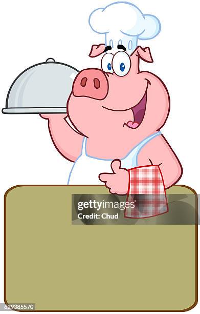 happy pig chef over a blank sign - weird dinner stock illustrations