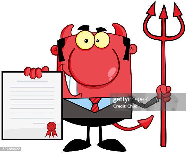 smiling devil boss holds up a contract - devil tail stock illustrations