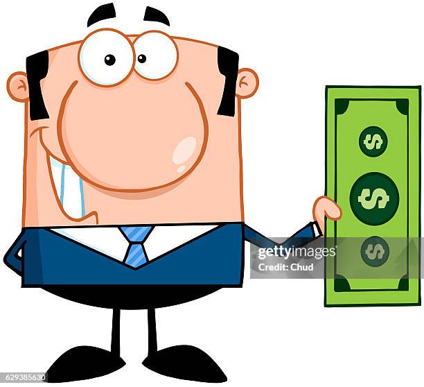 smiling business man holding a dollar bill - money manager stock illustrations