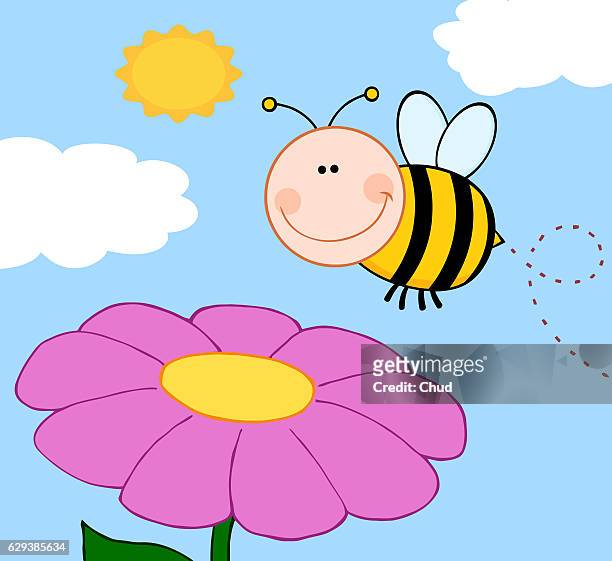 smiling bumble bee flying over flower - antena点のイラスト素材／クリップアート素材／マンガ素材／アイコン素材