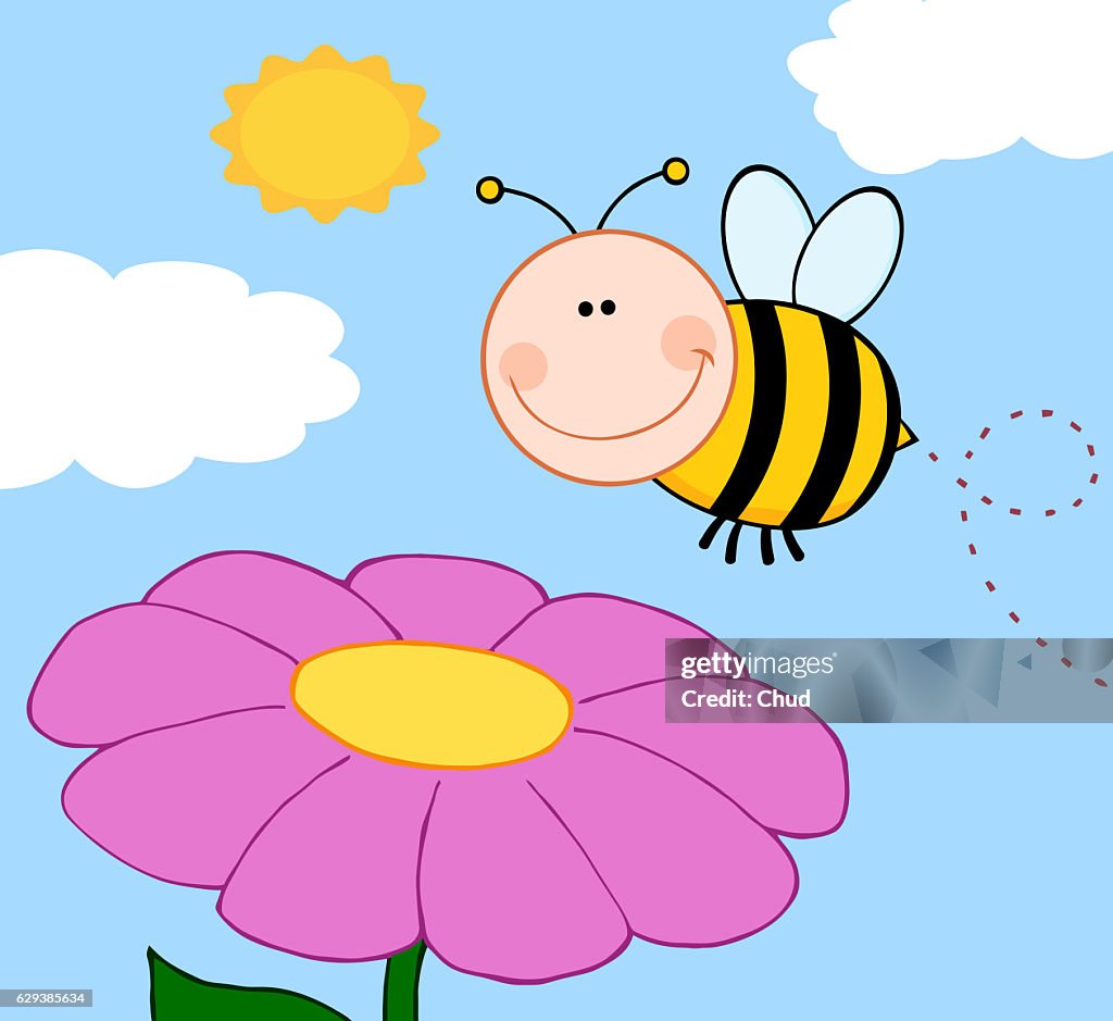 Smiling Bumble Bee Flying Over Flower