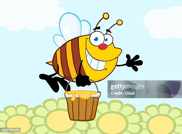 stockillustraties, clipart, cartoons en iconen met smiling bee flying with a honey bucket - animal waving