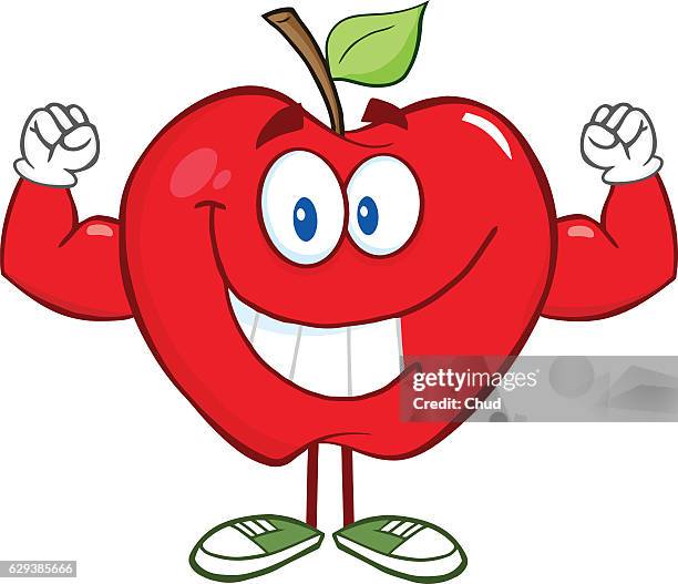 apple cartoon character with muscle arms - cartoon arms stock-grafiken, -clipart, -cartoons und -symbole