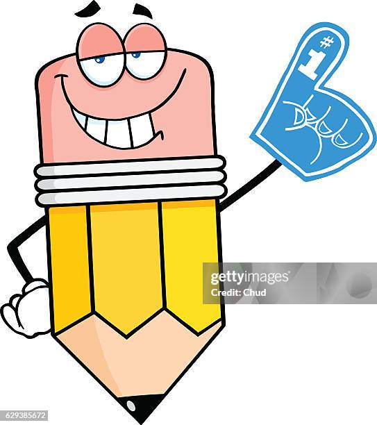 pencil cartoon character with foam finger - pencil with rubber stock illustrations