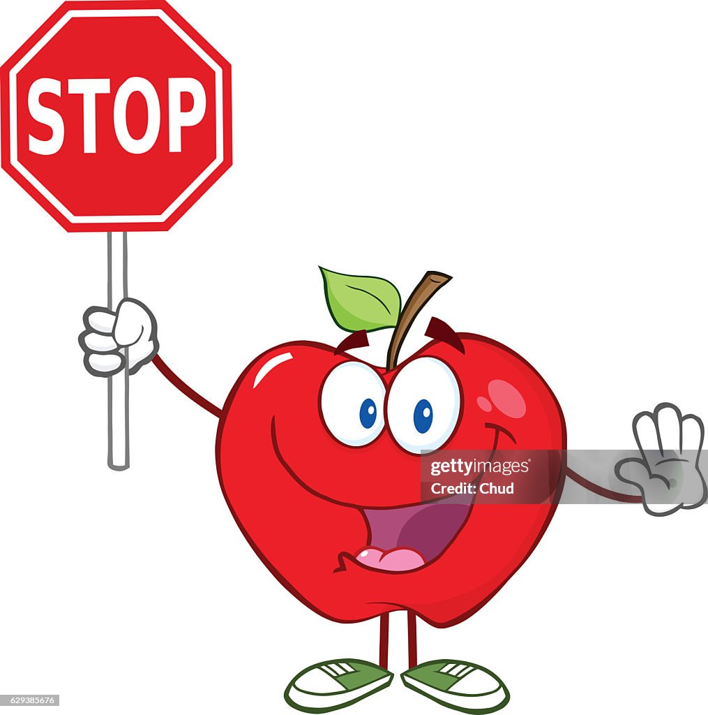 Apple Cartoon Character Holding A Stop Sign High-Res Vector Graphic - Getty  Images