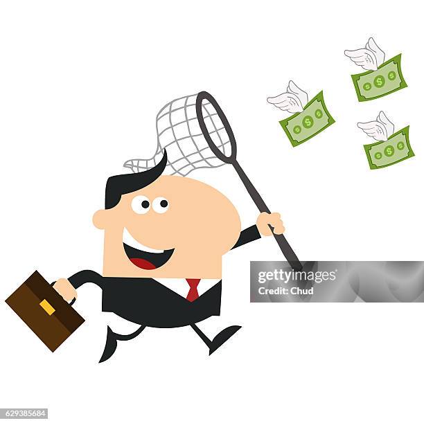 manager chasing flying money with a net - professional stock illustrations