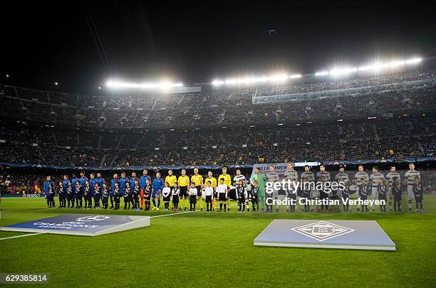 The Teams of Borussia Moenchengladbach and FC Barcelona pose ahead the UEFA Champions League match between FC Barcelona and Borussia Moenchengladbach...