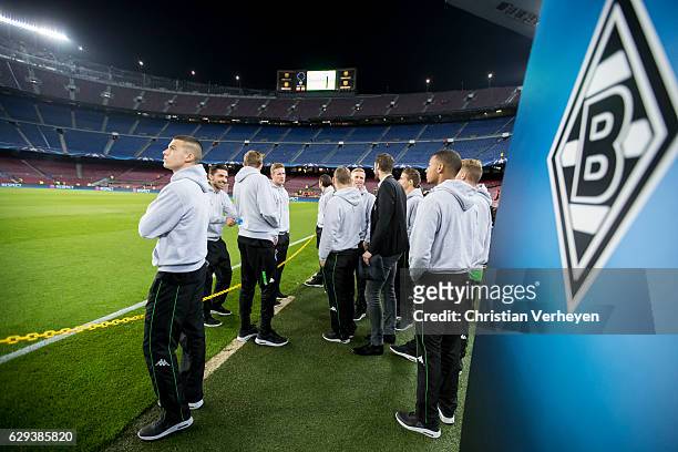 The Team of Borussia Moenchengladbach ahead the UEFA Champions League match between FC Barcelona and Borussia Moenchengladbach at Camp Nou on...