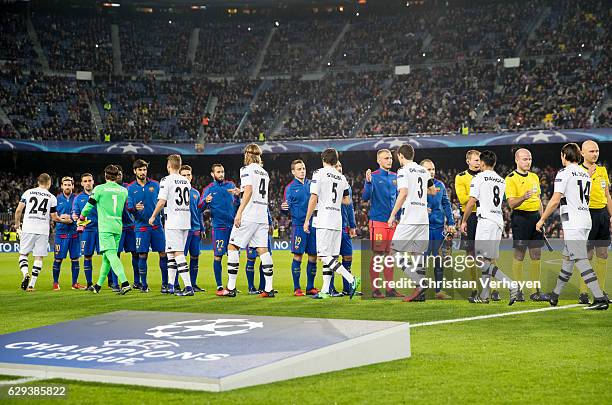 The Teams of Borussia Moenchengladbach and FC Barcelona ahead the UEFA Champions League match between FC Barcelona and Borussia Moenchengladbach at...