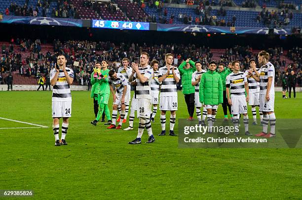 The Team of Borussia Moenchengladbach after the UEFA Champions League match between FC Barcelona and Borussia Moenchengladbach at Camp Nou on...