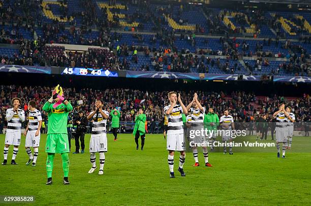 The Team of Borussia Moenchengladbach after the UEFA Champions League match between FC Barcelona and Borussia Moenchengladbach at Camp Nou on...