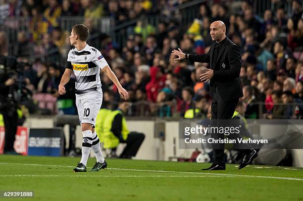 Head Coach Andre Schubert of Borussia Moenchengladbach and Thorgan Hazard of Borussia Moenchengladbach during the UEFA Champions League match between...