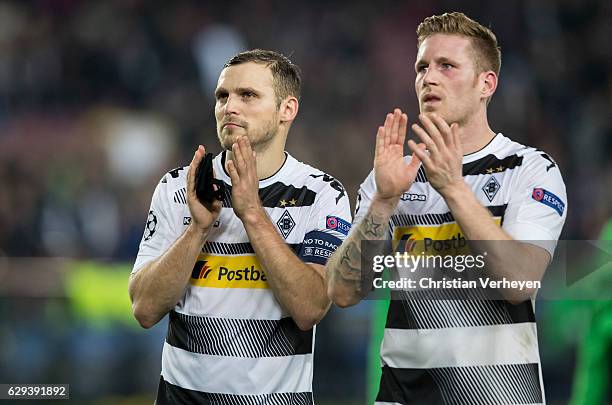 Tony Jantschke and Andre Hahn of Borussia Moenchengladbach controls the ball during the UEFA Champions League match between FC Barcelona and Borussia...