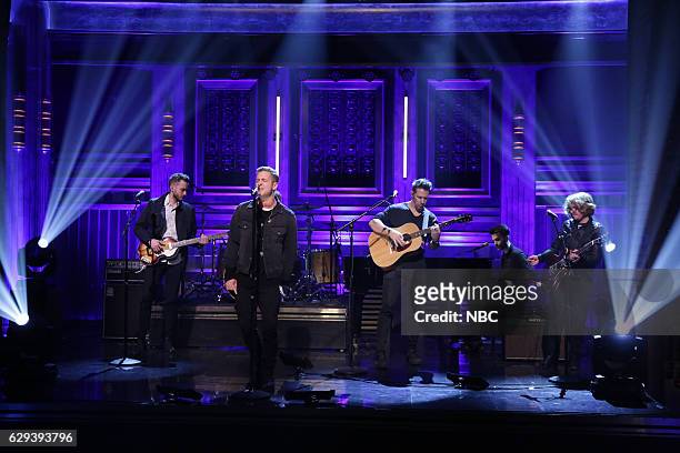 Episode 0589 -- Pictured: Brent Kutzle, Ryan Tedder, Zachary Filkins, Brian Willett, and Andrew Brown of musical guest OneRepublic perform on...