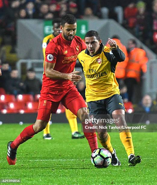 Kevin Stewart of Liverpool and Ismael Bennacer of Arsenal in action during the Premier League 2 match between Liverpool and Arsenal at Anfield on...