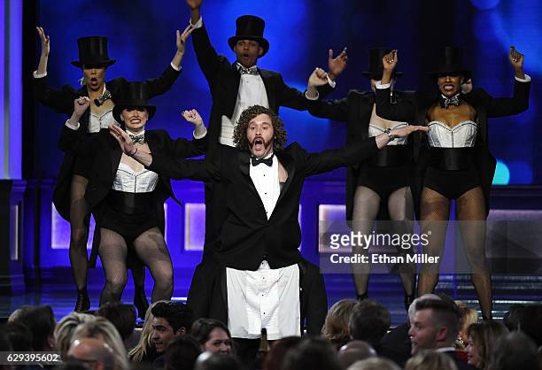 Actor/comedian T.J. Miller performs with dancers as he hosts the 22nd Annual Critics' Choice Awards at Barker Hangar on December 11, 2016 in Santa...