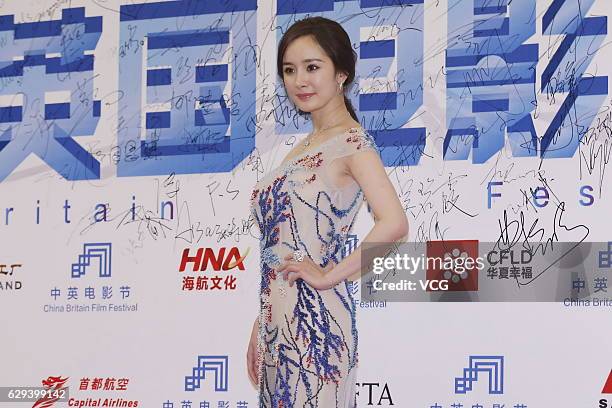 Actress Yang Mi arrives at the red carpet of 2016 China Britain Film Festival on December 12, 2016 in Langfang, Hebei Province of China.