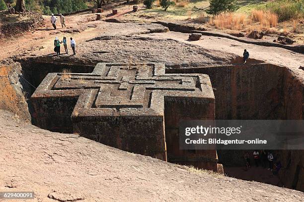 The Church of Saint George, Bete Kiddus Georiys, Bete Ghiorgis-Church, one of many churches hewn into the rocky hills of Lalibela, Ethiopia