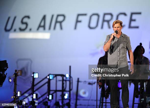 Professional Surfer Laird Hamilton speaks onstage during "Spike's Rock the Troops" event held at Joint Base Pearl Harbor - Hickam on October 22, 2016...