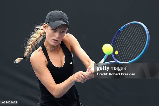 Kaylah McPhee of Australia plays a backhand in her singles match during the Australian Open December Showdown at Melbourne Park on December 13, 2016...