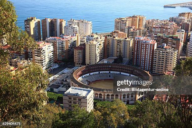 Malaga, view from the castle Castillo de Gibralfaro to the city with the bullring, Plaza de Toros, Spain, Andalusia