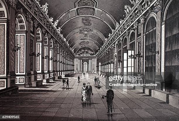 Versailles, galerie des glaces, hall of mirrors, france, historic copper-plate etching from 1860