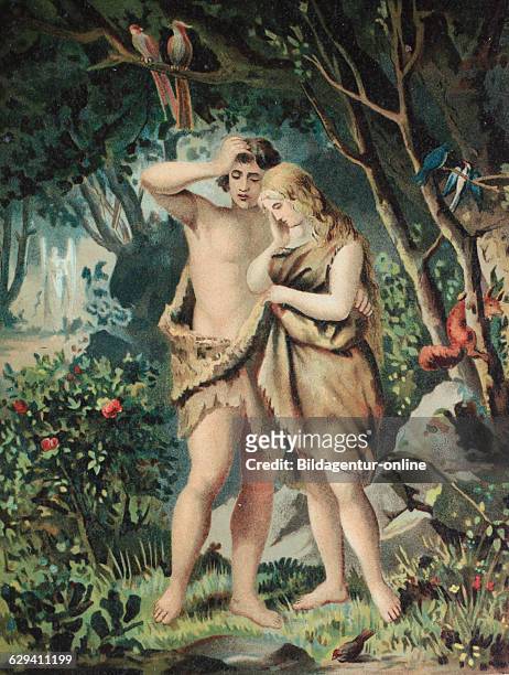 Adam and eve in paradies, chromolithpraph from a home bible, 1870