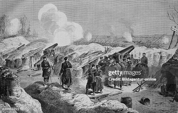 Prussian mortar battery in front of fort dpuble couronne, illustrated war history, german - french war 1870-1871