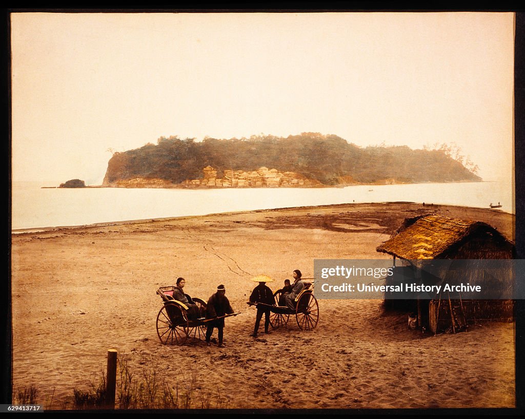 Two Rickshaws on Beach With View of Enoshima, Japan, circa 1880. News ...