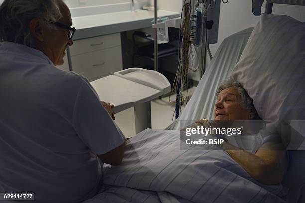 Sleep laboratory at Lyon-Nord Rillieux polyclinic. Doing overnight Polysomnography exam, recording, during sleep, several physiological variables in...