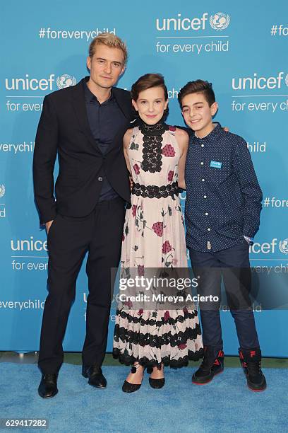 Actor and UNICEF Goodwill Ambassador, Orlando Bloom, actress Millie Bobby Brown and Syrian refugee, Mustafa Al Said attend the UNICEF's 70th...