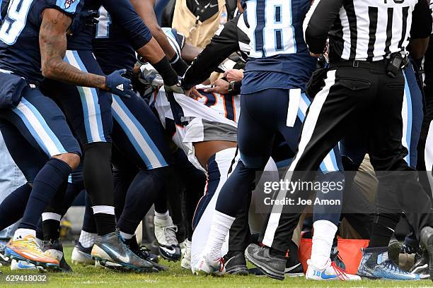 Aqib Talib of the Denver Broncos pulled away from Harry Douglas of the Tennessee Titans during a ruckus at Nissan Stadium, Nashville, TN December 11,...