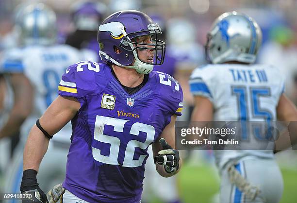 Chad Greenway of the Minnesota Vikings returns to the huddle during an NFL game against the Detroit Lions at U.S. Bank Stadium November 6, 2016 in...