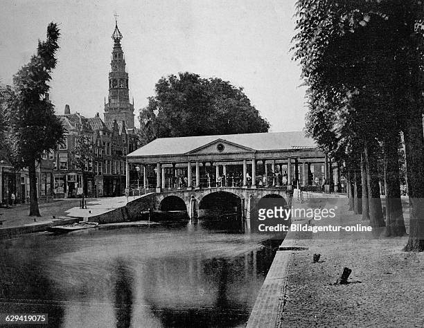 Early autotype of the koornbrugsteeg, in leiden or leyden, south holland, netherlands, historical photo, 1884