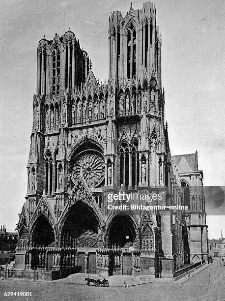 Cathedral notre-dame de reims, unesco world heritage site, reims, champagne-ardenne, france, historical photo, 1884