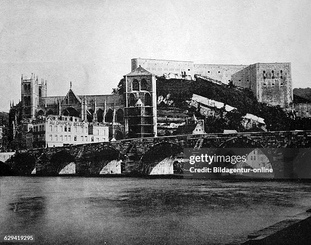 Early autotype of castle and church in huy, wallonia, belgium, historical photograph, 1884