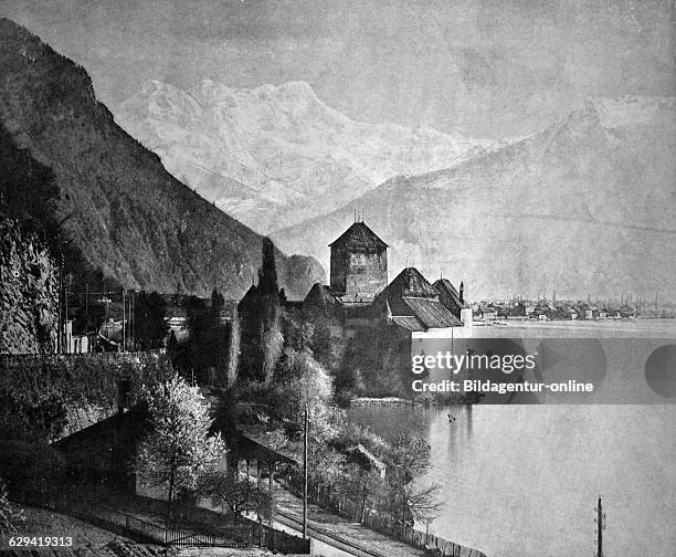 Early autotype of chateau de chillon or chillon castle, canton vaud, switzerland, historical photograph, 1884