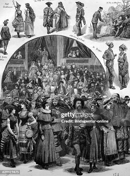 Fancy dress ball at the royal albert hall for the benefit of bolingbroke house, london, england, historical illustration, 1884