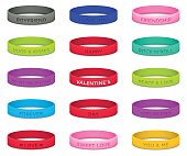 Set of multicolored rubber wristbands for Valentines Day. Vector illustration.