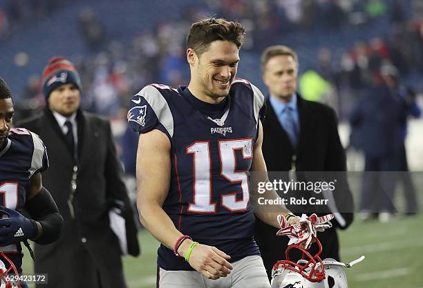 Chris Hogan of the New England Patriots reacts as he walks off the field after defeating the Baltimore Ravens 30-23 at Gillette Stadium on December...