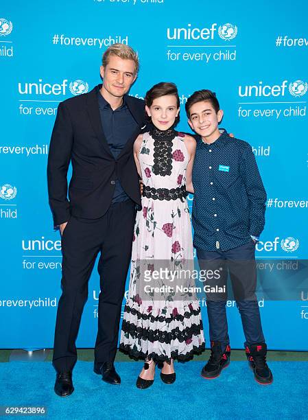 Actor Orlando Bloom, actress Millie Bobby Brown and Syrian refugee Mustafa Al Said attend UNICEF's 70th anniversary event at United Nations...