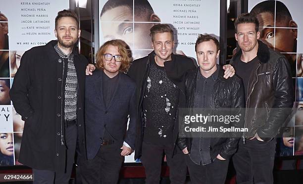 Musicians Brent Kutzle, Drew Brown, Ryan Tedder, Eddie Fisher and Zach Filkins of OneRepublic attend the "Collateral Beauty" world premiere at...