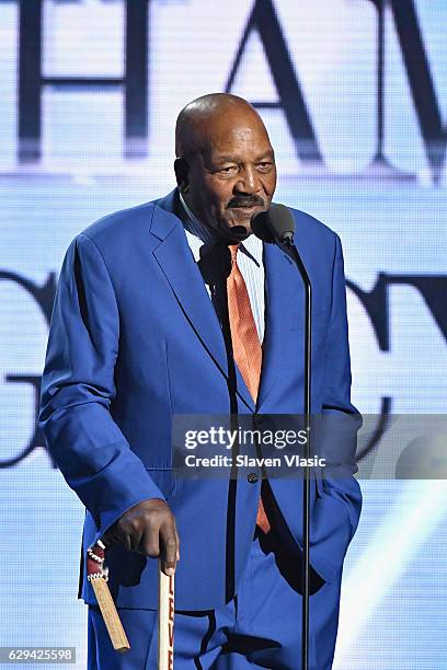 Former football player Jim Brown speaks onstage during the Sports Illustrated Sportsperson of the Year Ceremony 2016 at Barclays Center of Brooklyn...