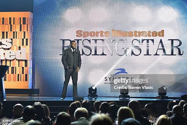 Baseball player David Ortiz speaks onstage during the Sports Illustrated Sportsperson of the Year Ceremony 2016 at Barclays Center of Brooklyn on...