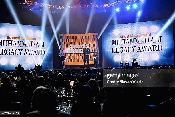 Peyton Manning and Lonnie Ali speak onstage during the Sports Illustrated Sportsperson of the Year Ceremony 2016 at Barclays Center of Brooklyn on...